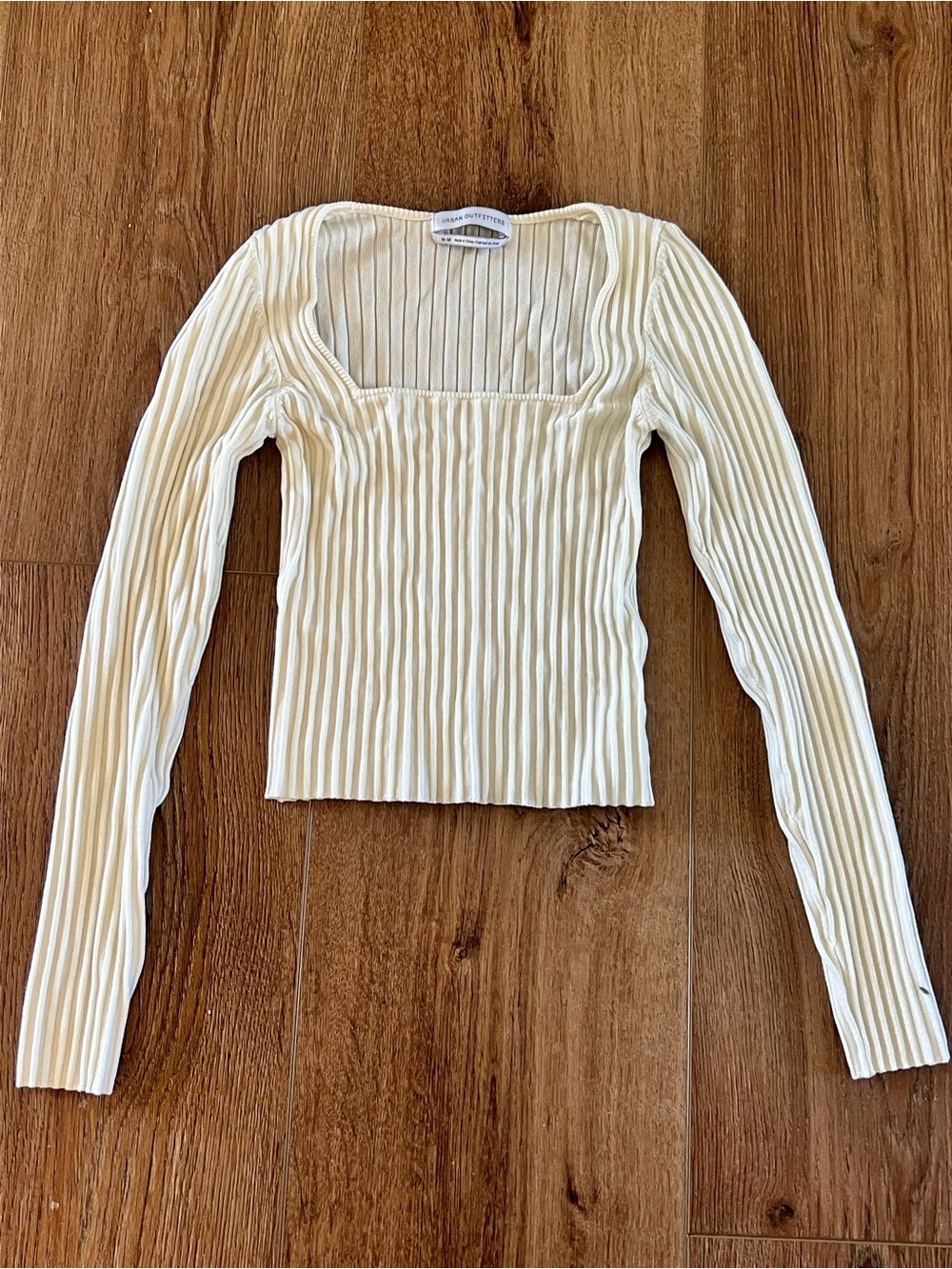 Urban Outfitters Cream Ribbed Square-Neck Long Sleeve Top